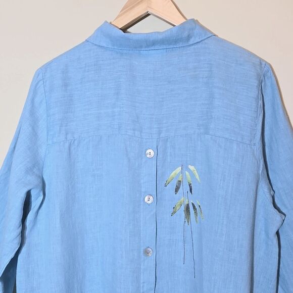 Odile Linen Blue Button Up Top Asian Artsy Size M Asymmetric Lagenlook - Picture 15 of 16